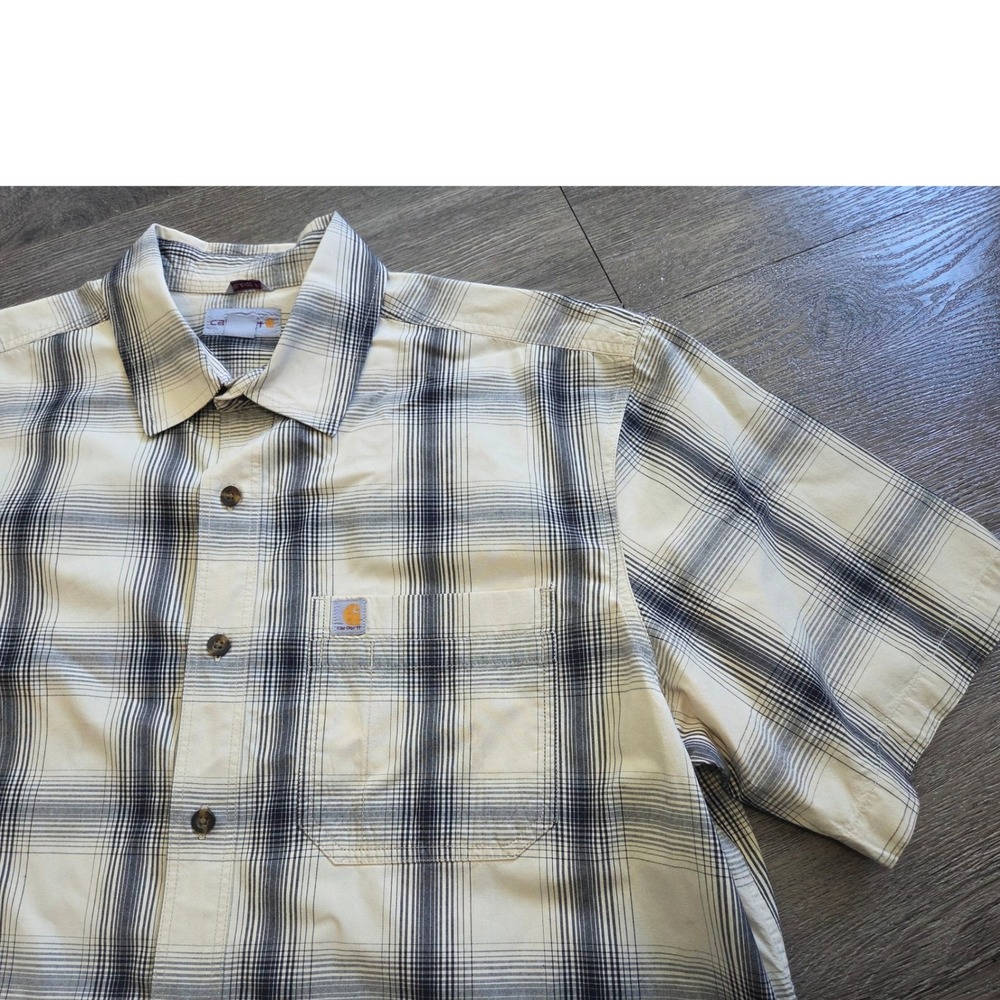 Carhartt Short Sleeve Button Down Men XL Cream Plaid Relaxed Fit 103551